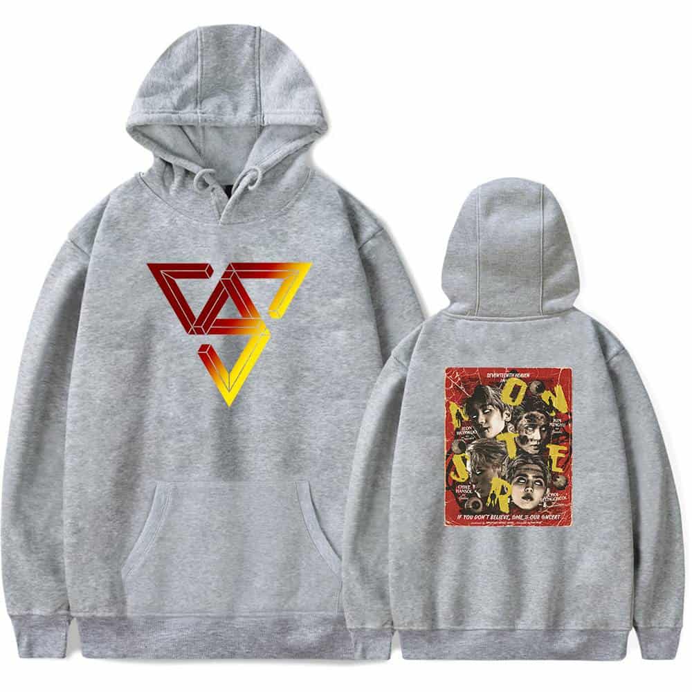 Vaporwave Infinite Triangles graphic hoodie with vintage horror movie print, grey hoodie, pullover with front pouch pocket, ideal for fans of retro style and horror-themed fashion.