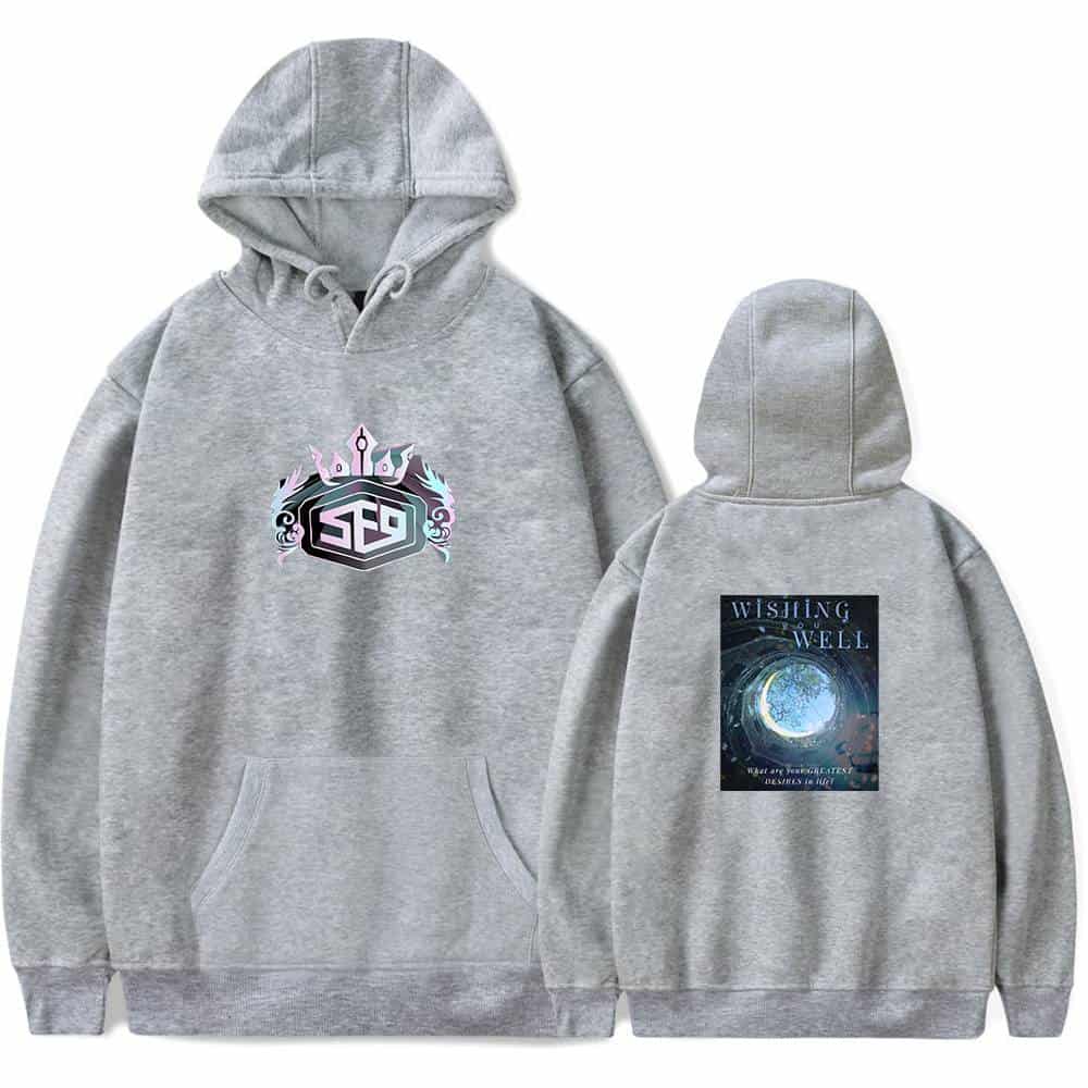 Gray hoodie featuring a colorful geometric logo on the front and a celestial-themed graphic with the text "Wishing Well" on the back, perfect for casual wear and expressing your style.