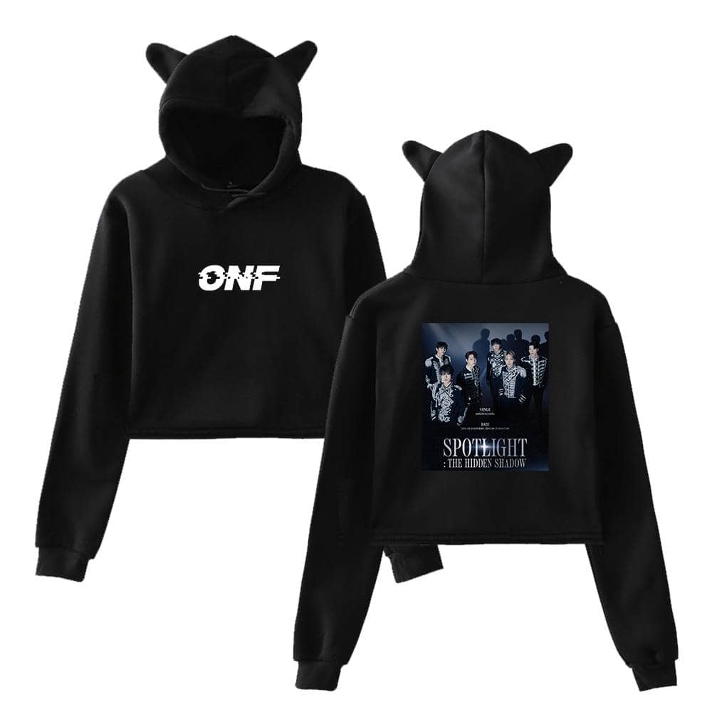 ONF merchandise hoodie with cat ear hood, front logo, and back print of the band with "Spotlight: The Hidden Shadow" theme, stylish black anime-inspired streetwear for fans.