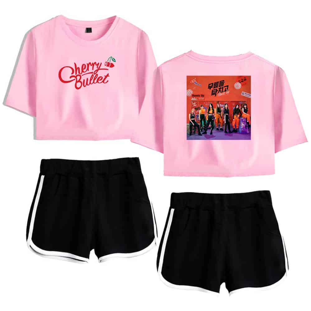 Cherry Bullet pink crop top and black athletic shorts set with white trim, featuring the group's logo and vibrant design, perfect for fans and casual wear.
