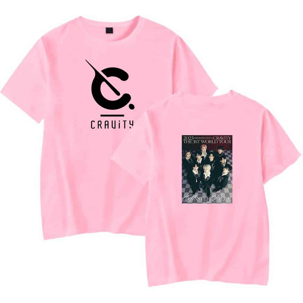 CRAVITY pink T-shirt with high-quality print of the group's 2023 world tour poster and logo. Perfect for fans to showcase their support for the K-pop boy band. Comfortable unisex fit.