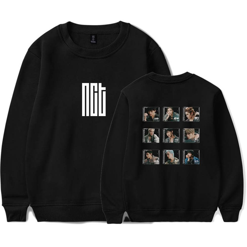 Nct black sweatshirt with group logo on front and photo collage on back, unisex casual apparel, perfect for fans of Nct.