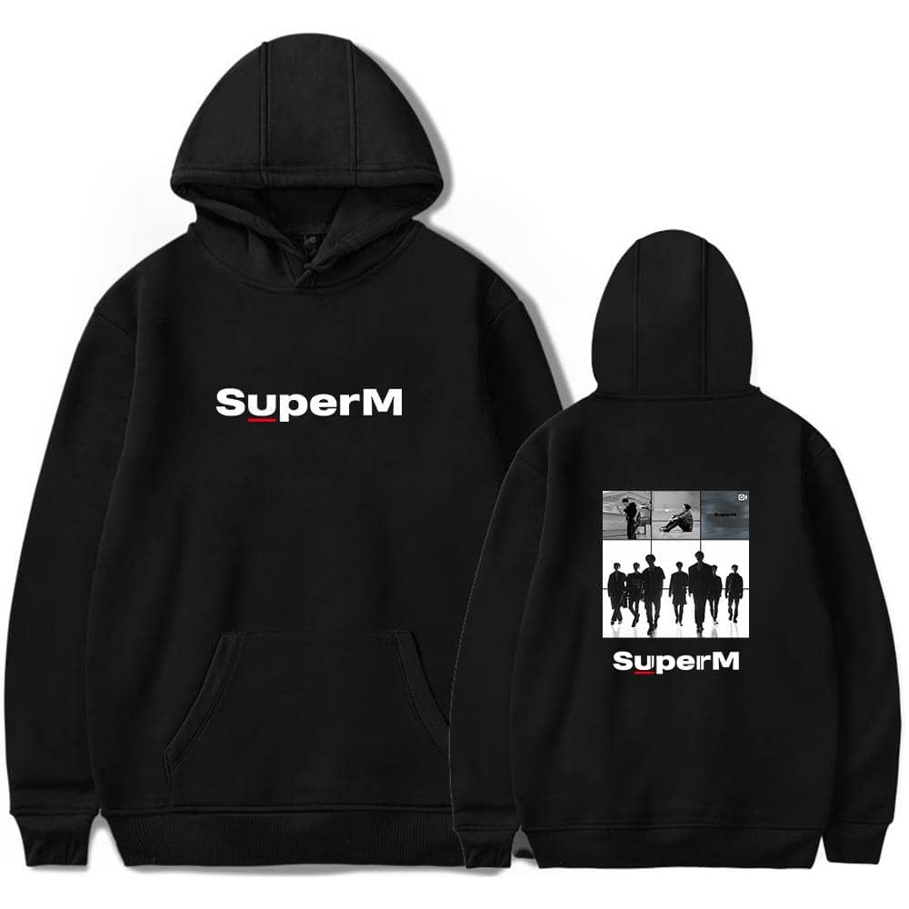 SuperM black hoodie with logo and band members graphic, casual streetwear apparel for fans, featuring comfortable fabric and trendy design. Perfect for everyday wear or concerts.