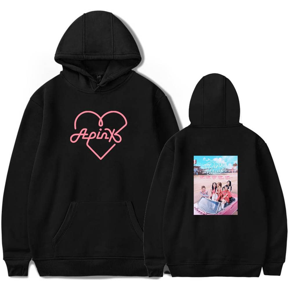 Apink hoodie with pink heart outline and stylized band logo on the front, and a colorful photo of the group on the back, perfect for fans and casual wear.