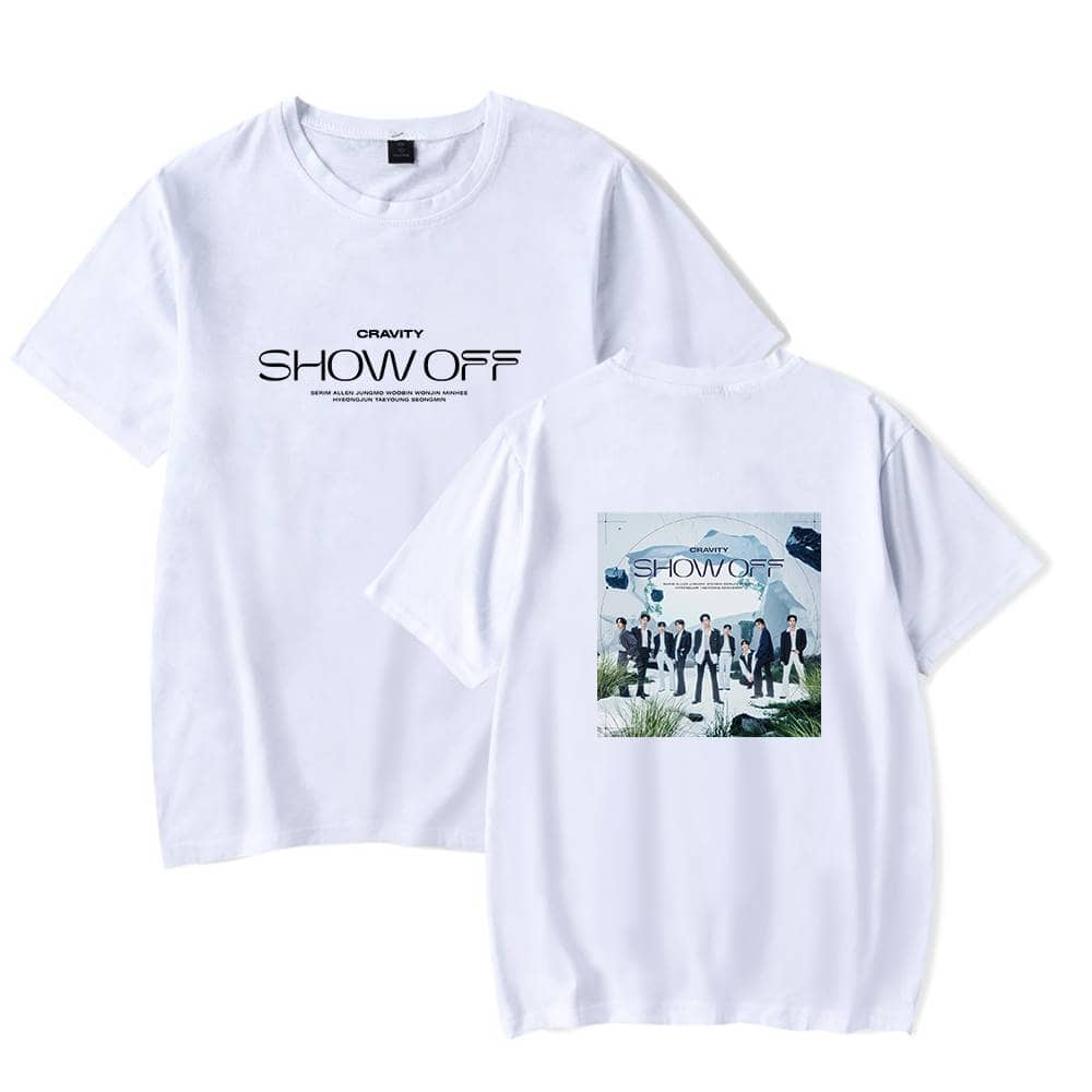 Comfortable white T-shirt with "SHOW OFF" and "CRAVITY" printed on the front and a colorful group photo on the back, perfect for fans and casual wear.