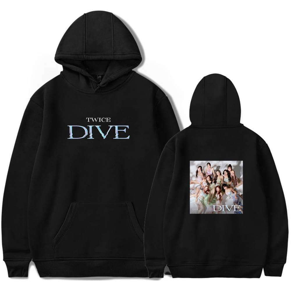 Black hoodie featuring the girl group TWICE with the words "DIVE" on the front and an album image of the group on the back. Perfect for TWICE fans and K-pop merchandise collections.