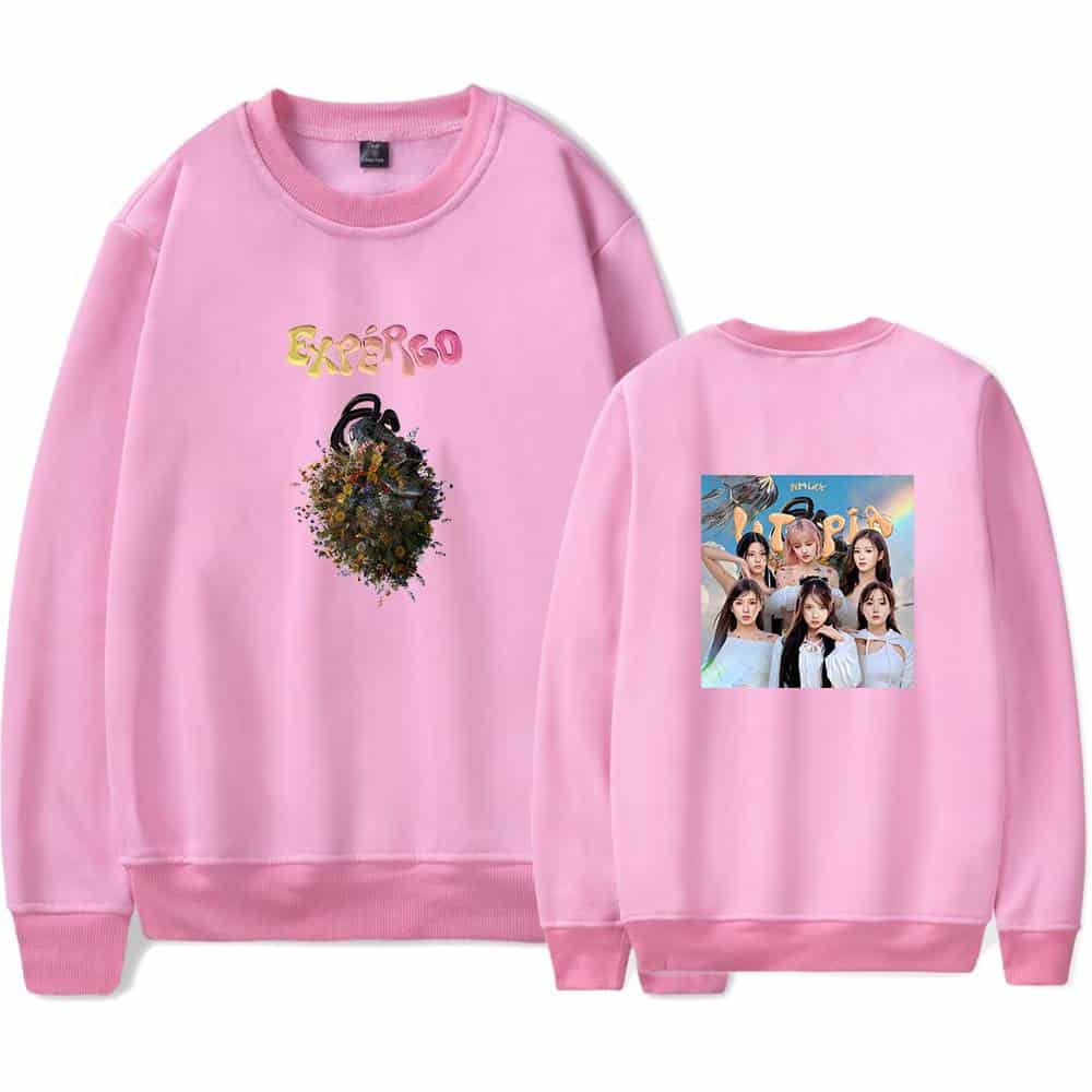 Excursion sweatshirt with floral and cartoon print on front, group photo on back, pink color, casual streetwear style, unisex, comfortable fabric, trendy design, perfect for fans of pop culture and music merchandise.