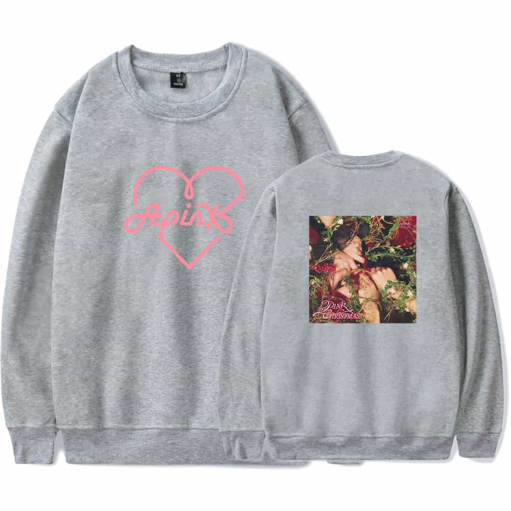 Pink Apink heart logo sweatshirt with album cover art on the back, perfect for K-pop fans and merchandise collectors.