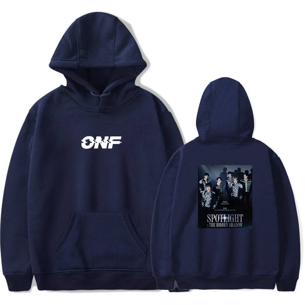 ONF hoodie featuring the group's logo on the front and a concert poster graphic on the back, perfect for fans of the K-pop band. Made of comfortable, durable fabric for everyday wear.