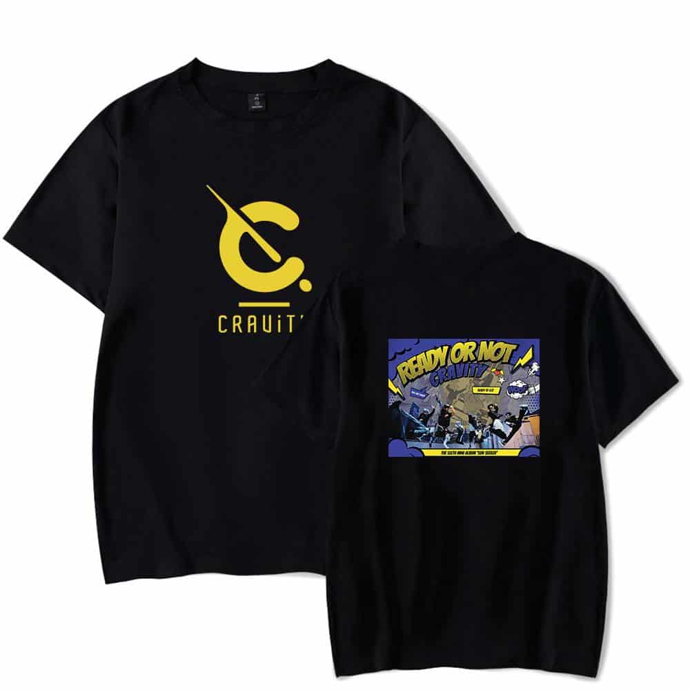 CRAUIT logo design on front and a colorful graphic print on the back of black t-shirt, featuring text "Ready Or Not" and "CRAUIT" with illustrations of cartoon characters, suitable for casual wear and merchandise.