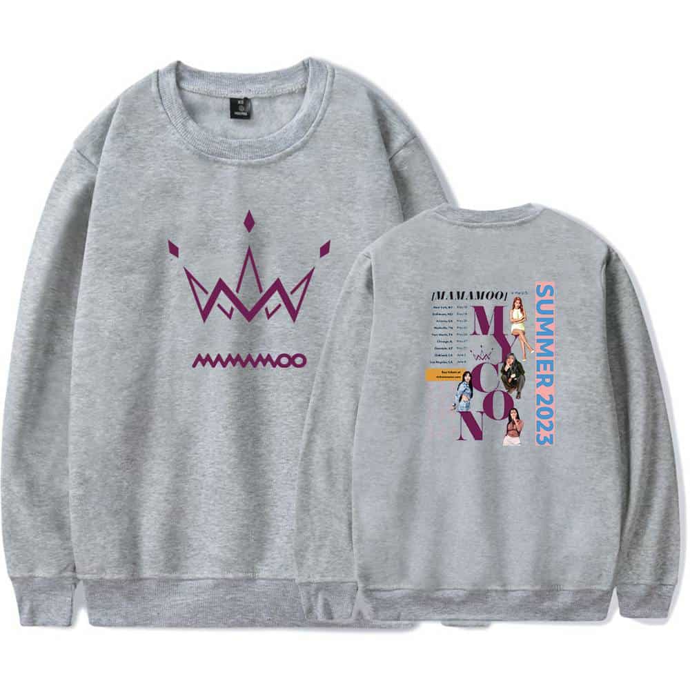 Crown logo graphic sweatshirt with "MAMAMOO" text in purple on the front and a colorful summer 2023 tour design on the back, featuring images of the group members and event details.