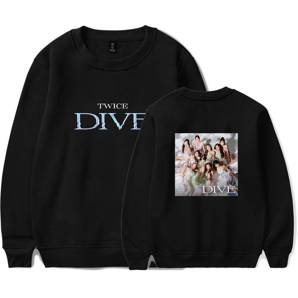 TWICE DIVE sweatshirt featuring album artwork and group photo, perfect for fans of the K-pop girl group TWICE.
