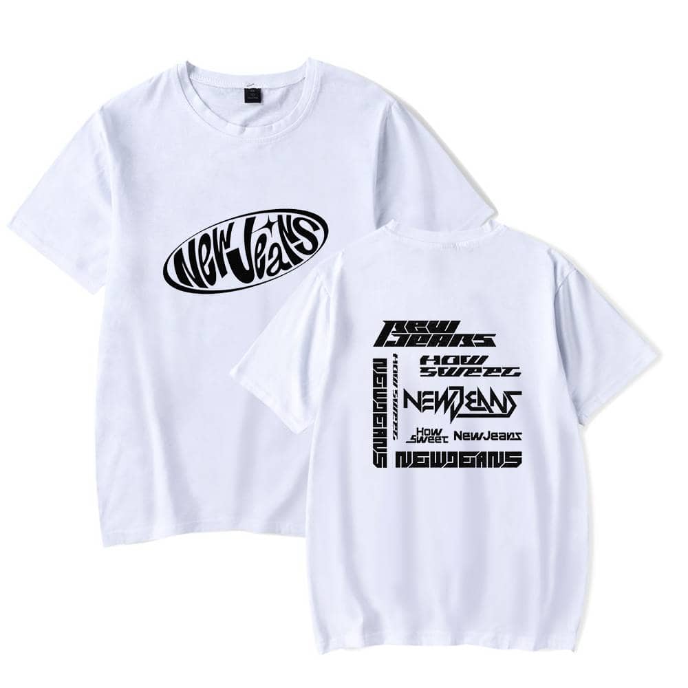 High-quality white graphic t-shirt with bold black lettering, featuring "New Jeans" and "How Sweet" designs on the front and back, stylish and trendy merch item for fans.