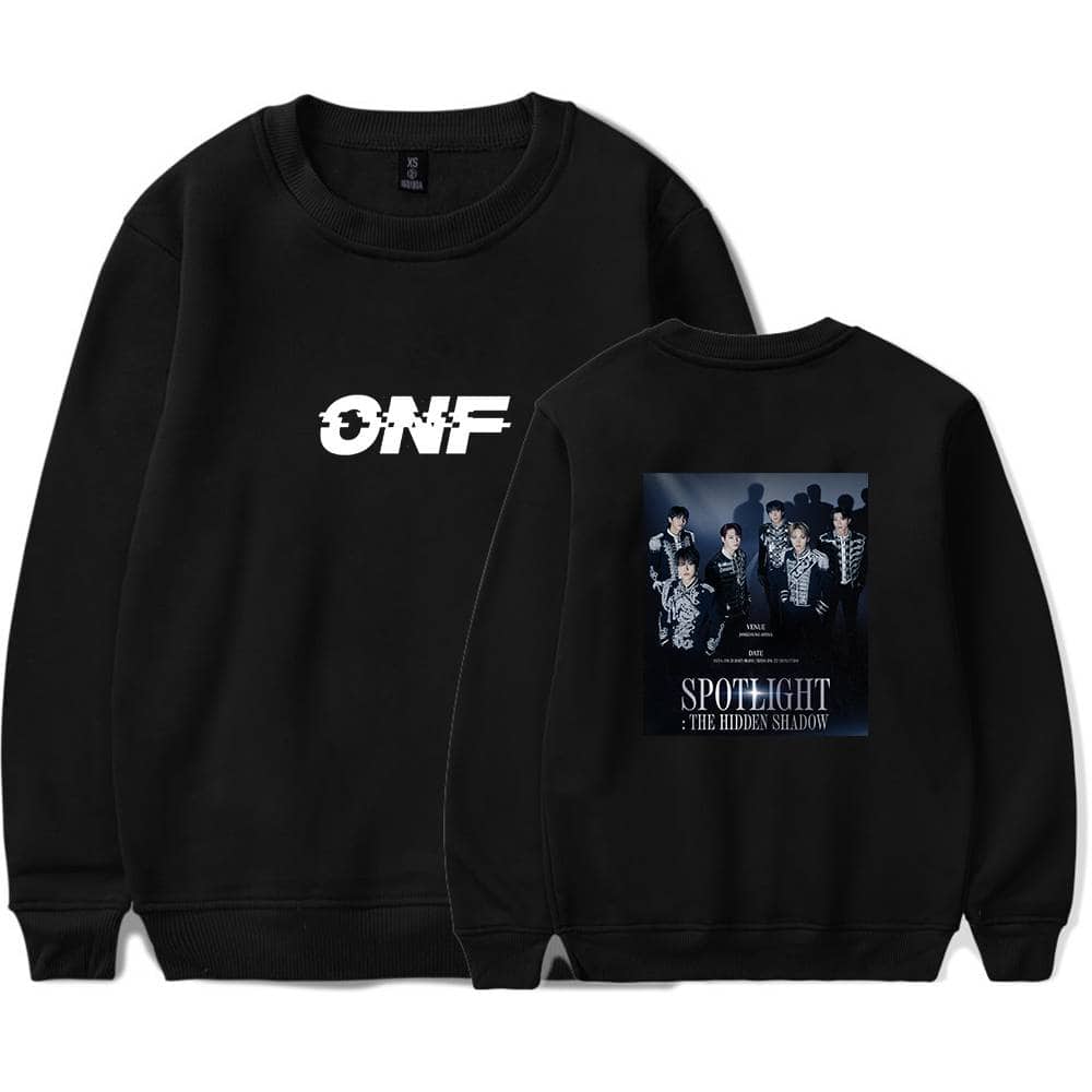 Black sweatshirt with "ONF" logo on front and a group photo of ONF members on the back, featuring a dark and stylish design.
