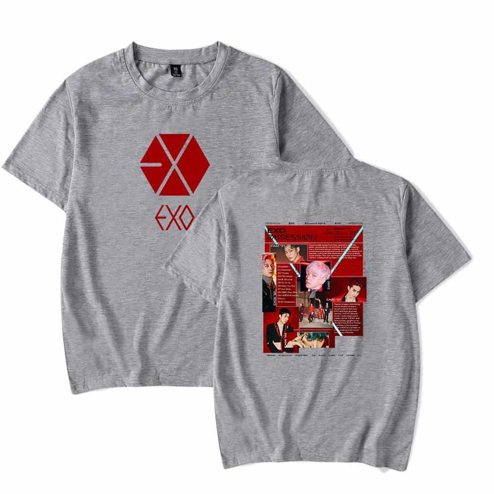 EXO merchandise t-shirt featuring the band's logo on the front and a colorful album cover design on the back, perfect for K-pop fans and collectors.