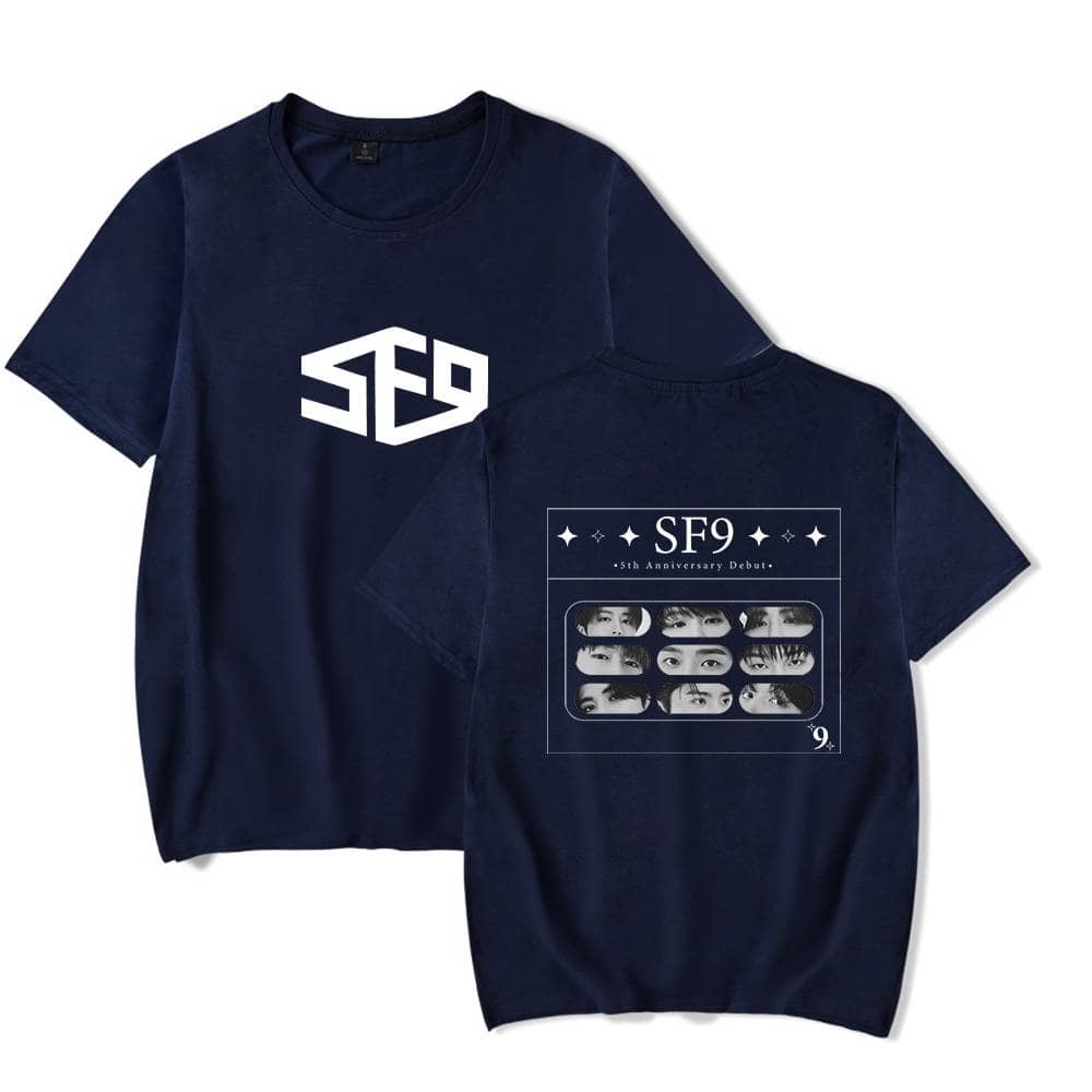 SF9 6th Anniversary debut t-shirt, dark blue, featuring band logo on front and group image with eyes on back. Perfect gift for fans celebrating SF9's milestone.