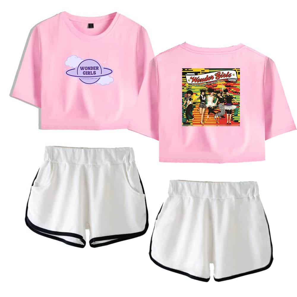 Wonder Girls merchandise t-shirt and shorts set in pink and white with graphic designs and logos. Perfect for casual wear or fan events. Features fun, vibrant styling inspired by the popular K-pop girl group.
