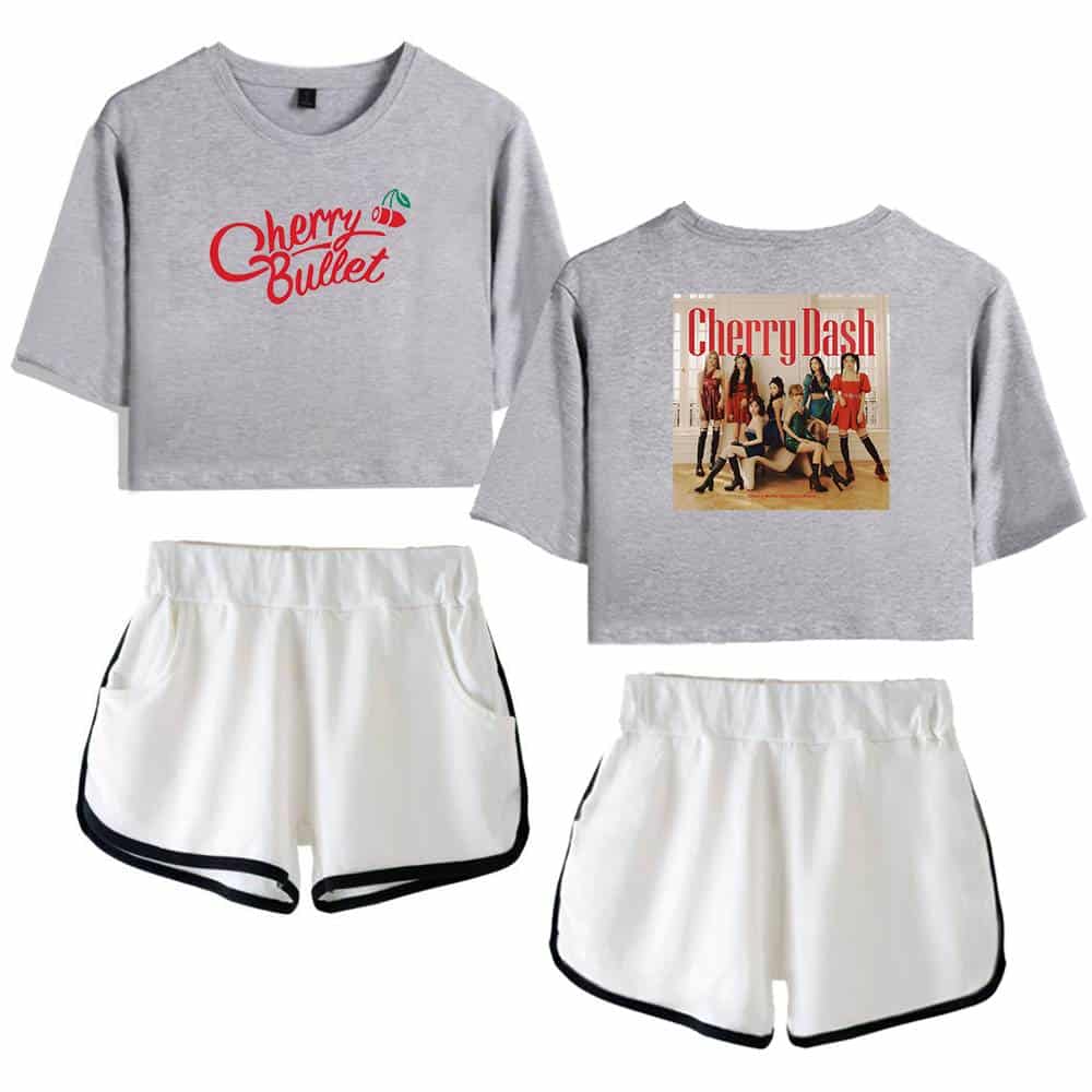 Cherry Bullet graphic crop top and Cherry Dash group photo sweatshirt, paired with white sports shorts with black trim, creating a casual, streetwear-inspired merchandise ensemble.