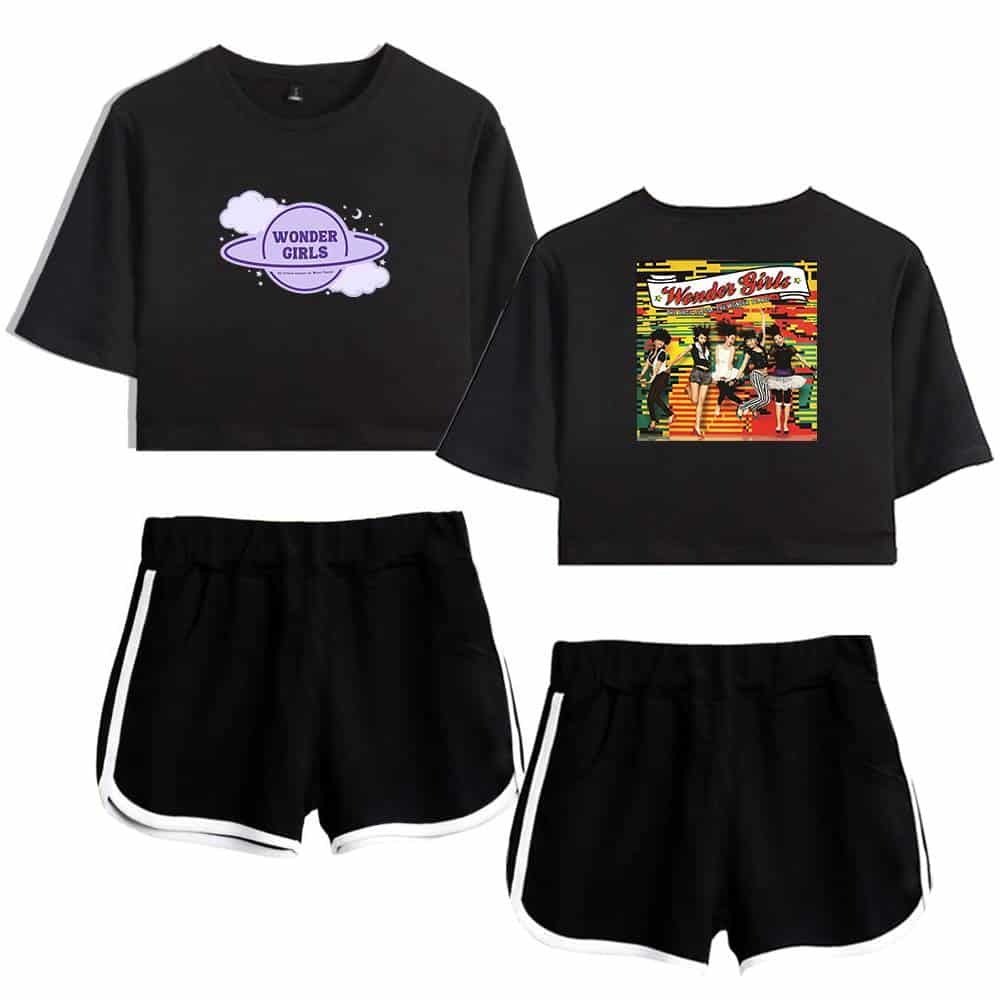 Wonder Girls graphic t-shirts and black athletic shorts with white trim, casual and fashionable merchandise for fans of the iconic K-pop girl group. Perfect for everyday wear or concerts.