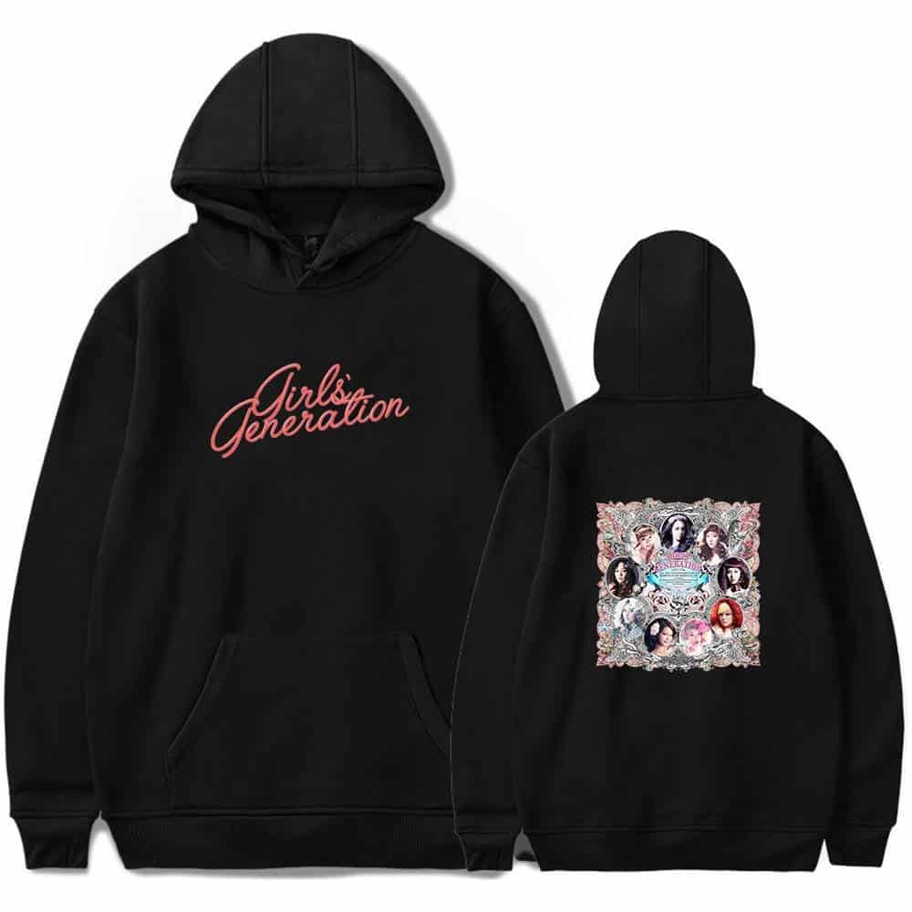Girls' Generation black hooded sweatshirt with front embroidered logo and back graphic print of the group's members. Perfect for fans to showcase their fandom in stylish comfort. Made from soft, durable material.