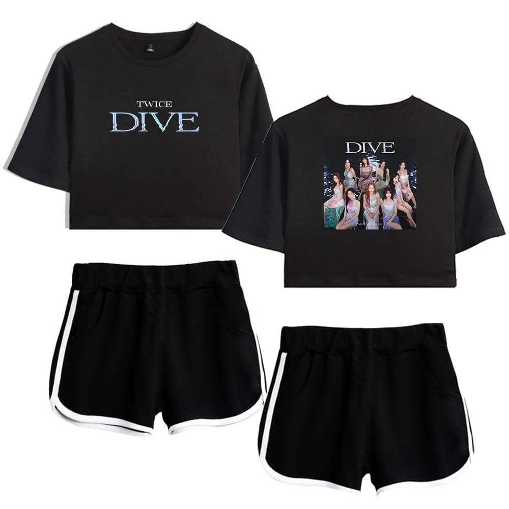 DIVE TWICE black crop top and shorts set, featuring a front text design and a back group photo of TWICE members, perfect for casual wear or concert outings.