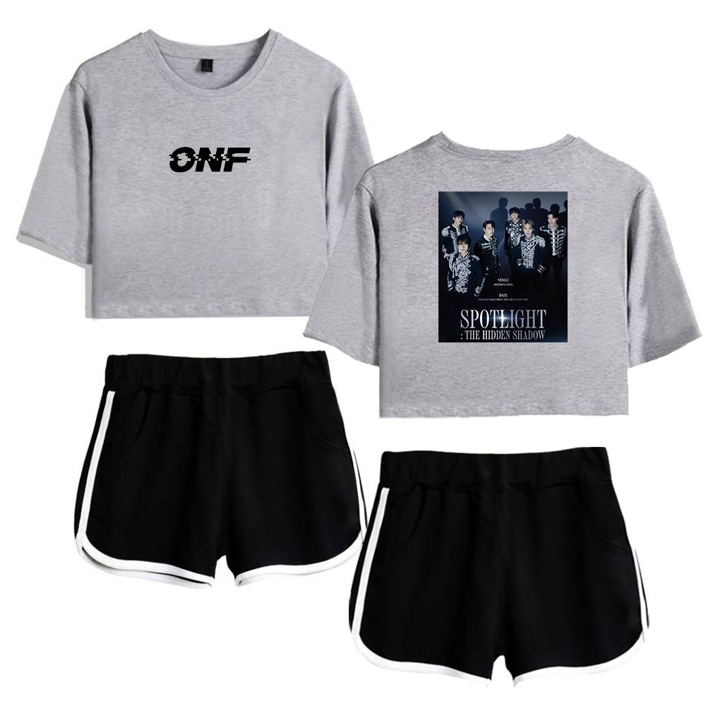 ONF cropped sweatshirt with bold logo and band graphic tee with members' photo, paired with black athletic shorts featuring white trim, perfect for casual and concert outfits.