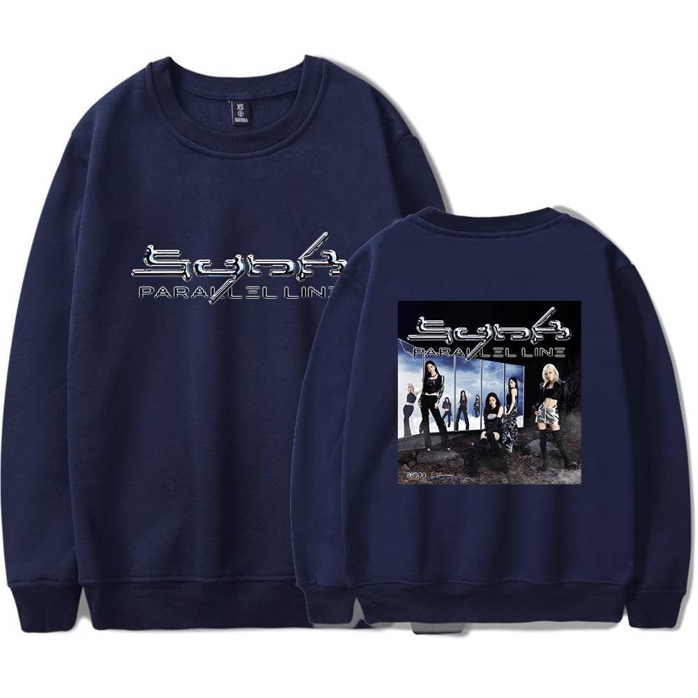 Cyberpunk poster logo printed on navy blue sweatshirt featuring a group of women in futuristic attire standing in front of a window, with the band name "Cyber4" and "Paranell Line" text.
