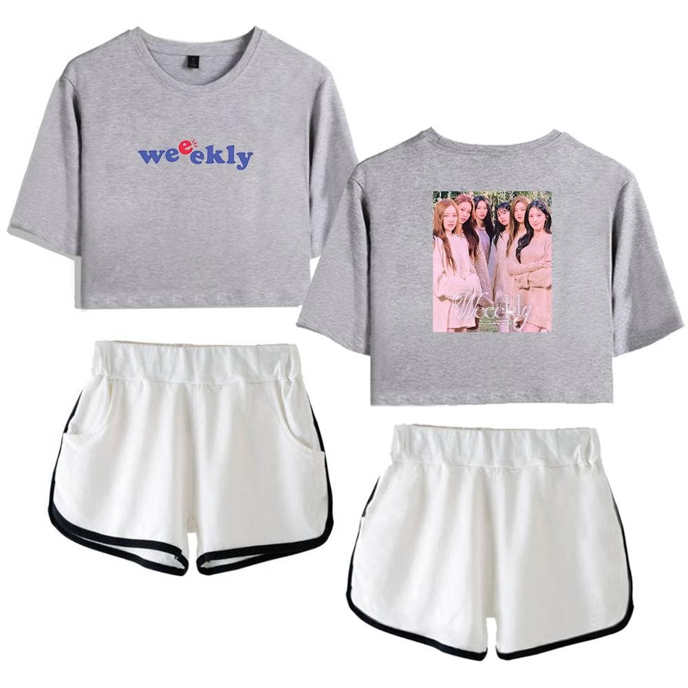 Weekly graphic t-shirt and shorts set for women, featuring a casual, trendy style perfect for summer. The set includes a grey crop top with "weekly" print and matching shorts with black trim.