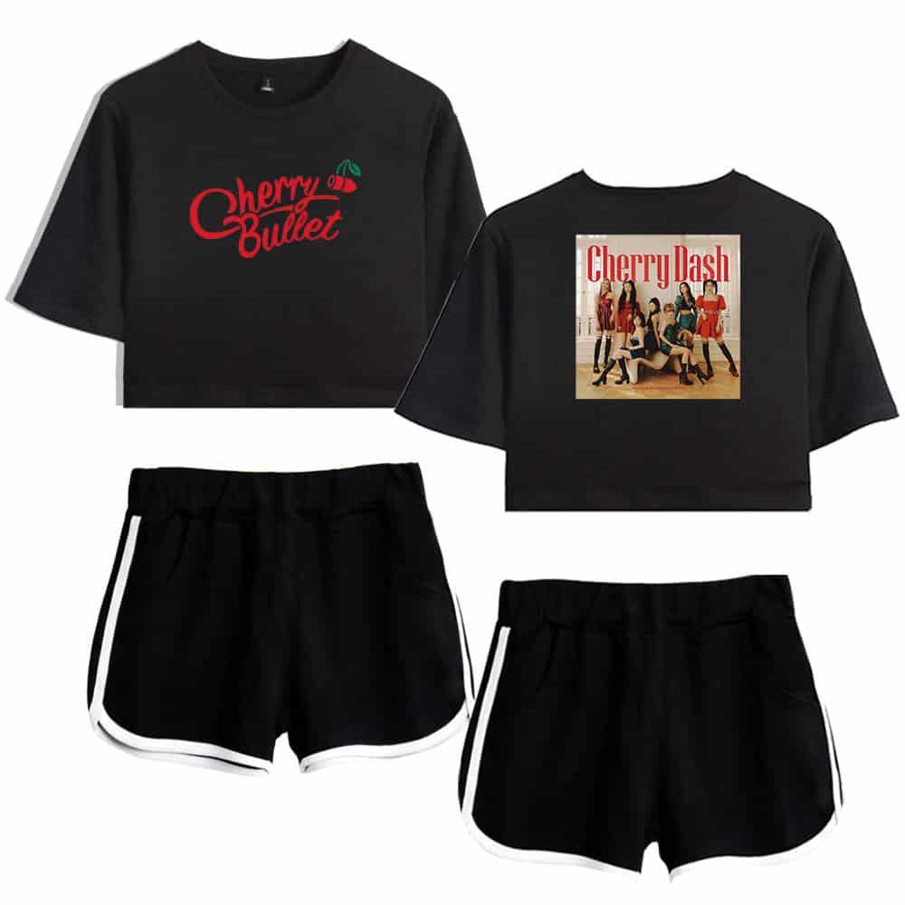 Cherry Bullet crop top featuring the group's logo on the front and an image of the members on the back, paired with sporty black shorts with white trim. Perfect for fans to showcase their support and style.