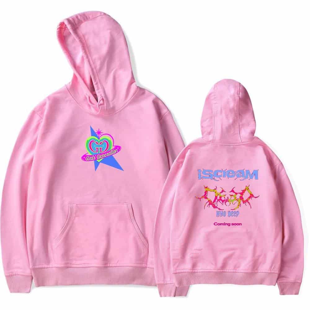 Girl Generation pink hoodie with colorful logo and upcoming release design, soft cotton fabric, casual streetwear style.