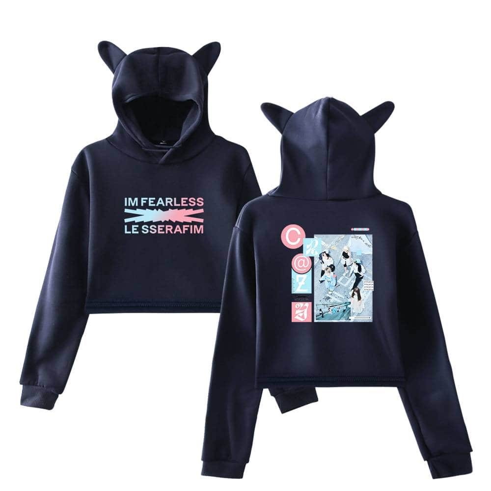 Black hoodie with cute cat ears, featuring bold pink and blue text "IM FEARLESS LESS AF" and a colorful illustrated graphic of girls on the back, perfect for casual wear.