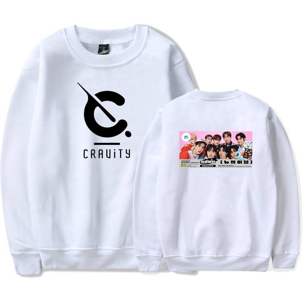 Eco-friendly white crewneck sweatshirt featuring the "C'raivity" logo on the front and a colorful group photo of a K-pop band on the back, perfect for fans and streetwear collection.