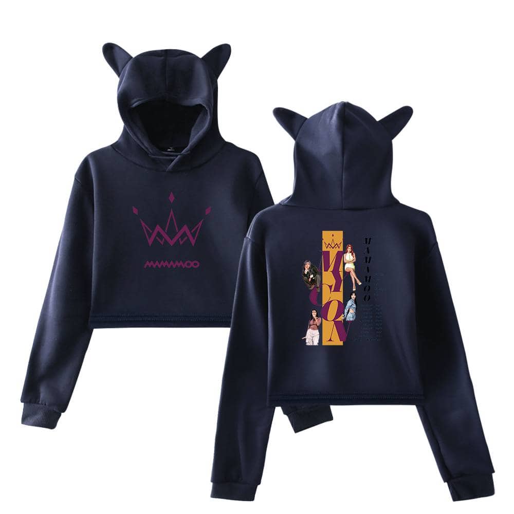Pink crown graphic on black hoodie with bear ears, stylish and playful appearance for kids' fashion.