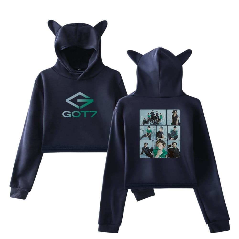 GOT7 hoodie set featuring a front logo and a back collage of the group members, with playful cat ear hood design, perfect for fans and casual wear.