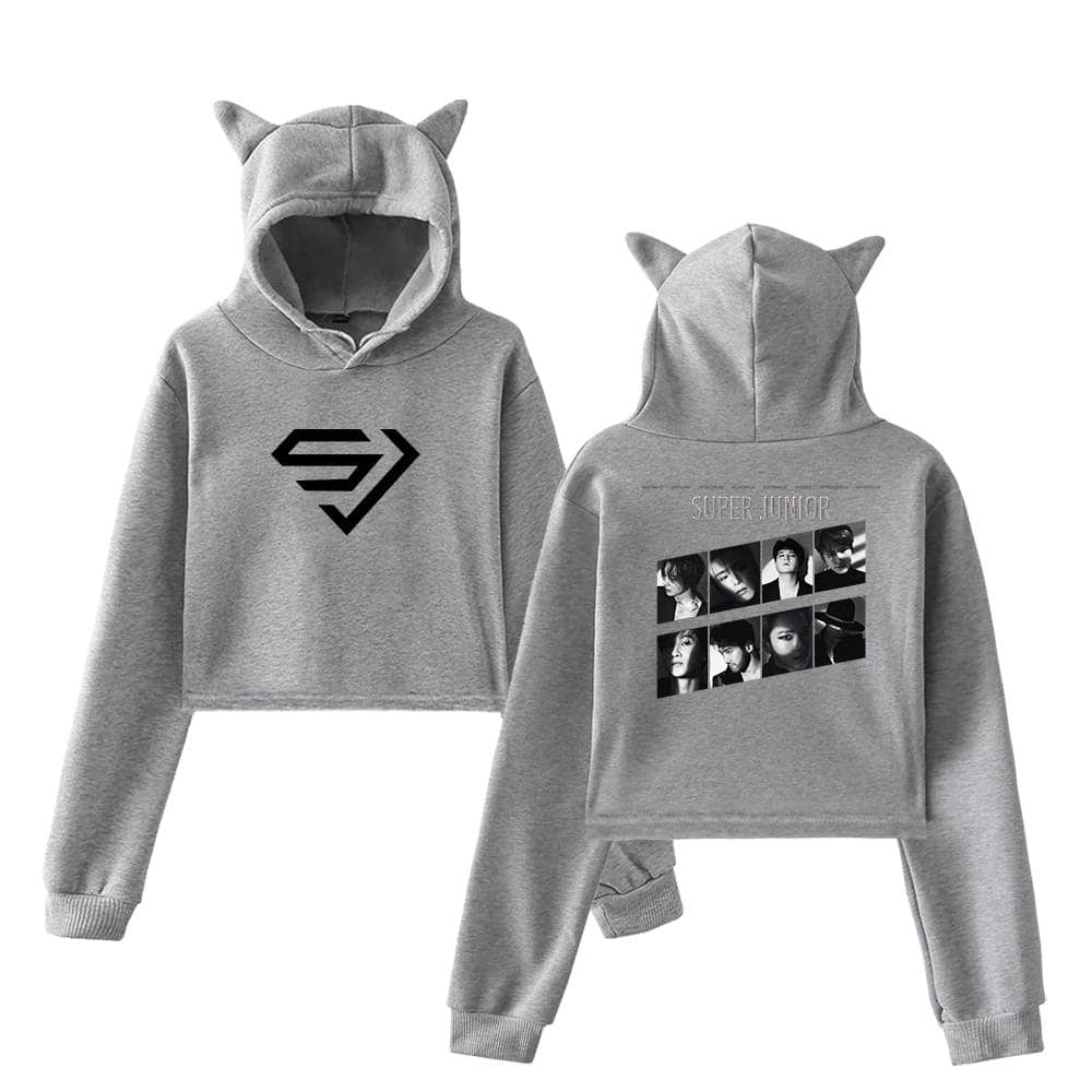 Super junior merchandise hoodie with cat ears, front logo and back photo collage, stylish casual wear for fans, grey color, year-round fashion statement, popular K-pop band apparel, comfortable and trendy, perfect fan gift, unisex design, streetwear inspired.