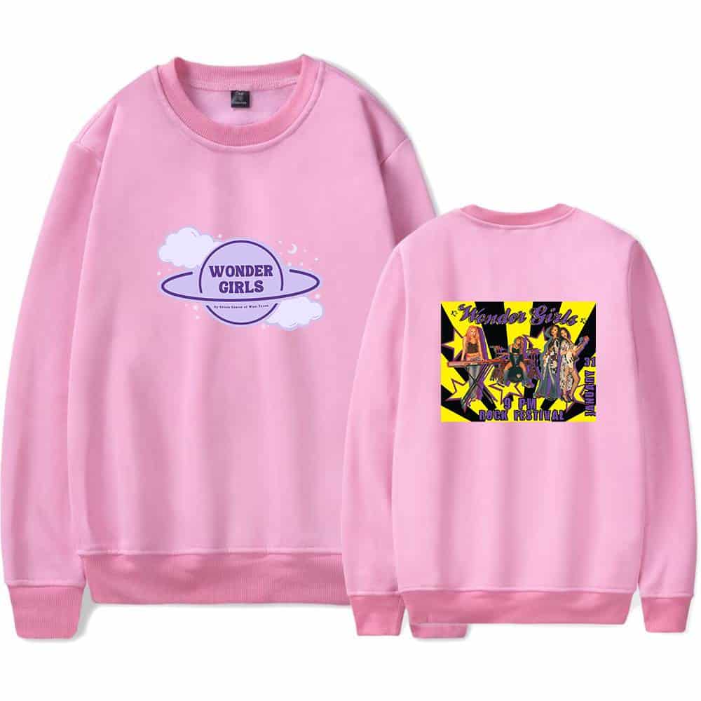 Wonder Girls themed pink sweatshirt with space and concert graphics, perfect for fans. Comfortable, stylish, and showcases your love for the group with fun designs on the front and back.