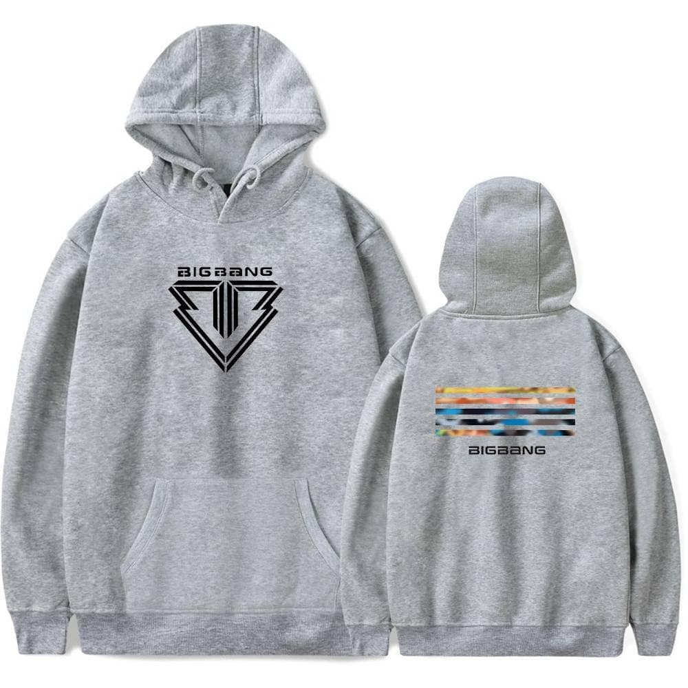 Big Bang hoodie with front logo and colorful stripe back design, perfect for fans of the K-pop group.