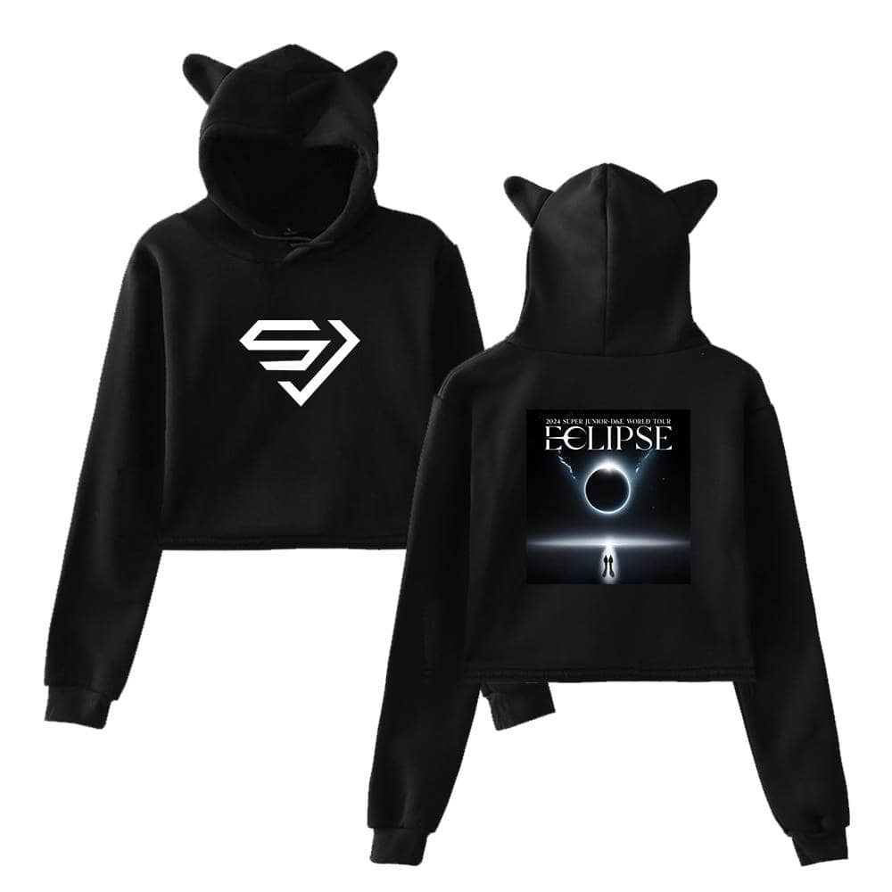 Superhero-themed black hooded sweatshirts with cat ears, featuring a logo on the front and a space-themed design with the title "Eclipse" on the back, inspired by science and space exploration.