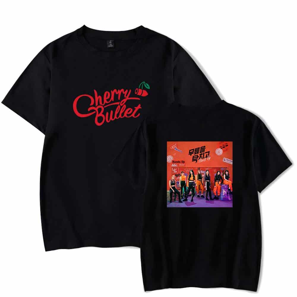 Cherry Bullet graphic t-shirt with bold logo and colorful group photo on the back, perfect for K-pop fans and casual wear.