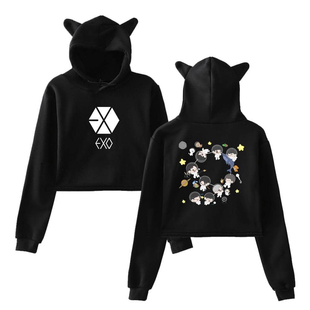 EXO galaxy-themed hoodie with cute space elements and devil horn accents on the hood for fans of the K-pop group.