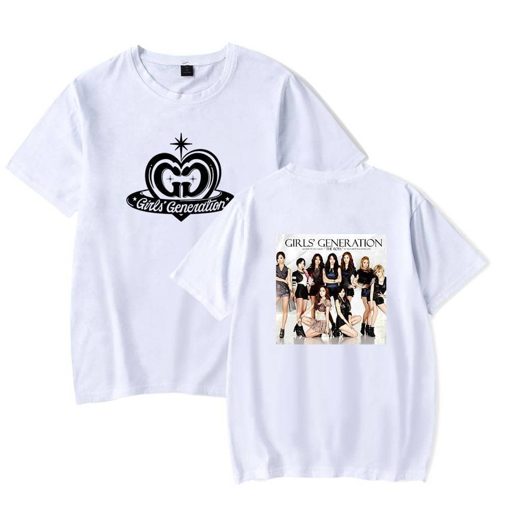 Girls' Generation merchandise T-shirts featuring the group's logo on the front and a photo of the members on the back. Casual and stylish apparel for fans of the K-pop girl group.