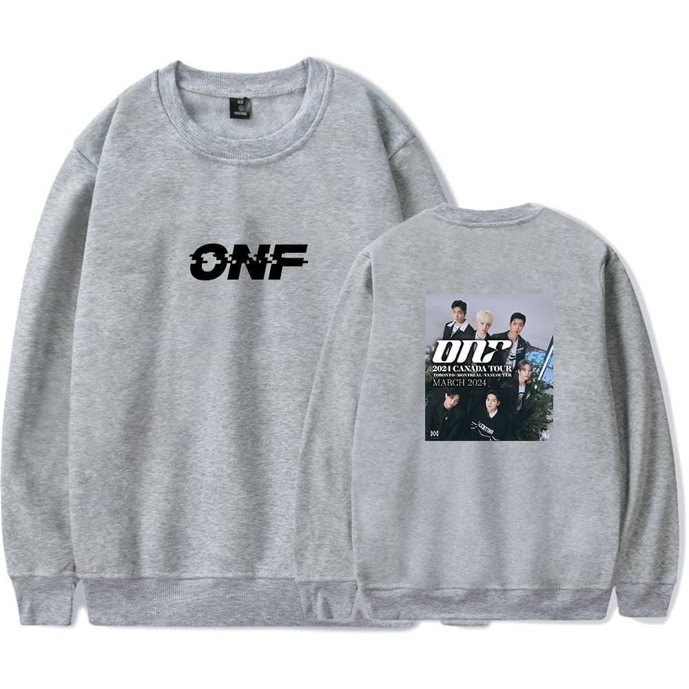 OFN gray sweatshirt featuring a bold "OFN" logo on the front and a promotional image of the band on the back, perfect for fans of music merchandise.