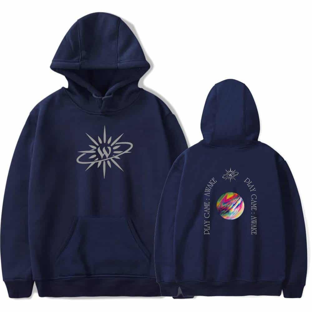 Cosmic-themed navy blue hoodie featuring a stylized sun and planet design with the phrases "PLAY GAME," "AWAY," and "NEAR" on the back, perfect for gamers and space enthusiasts.