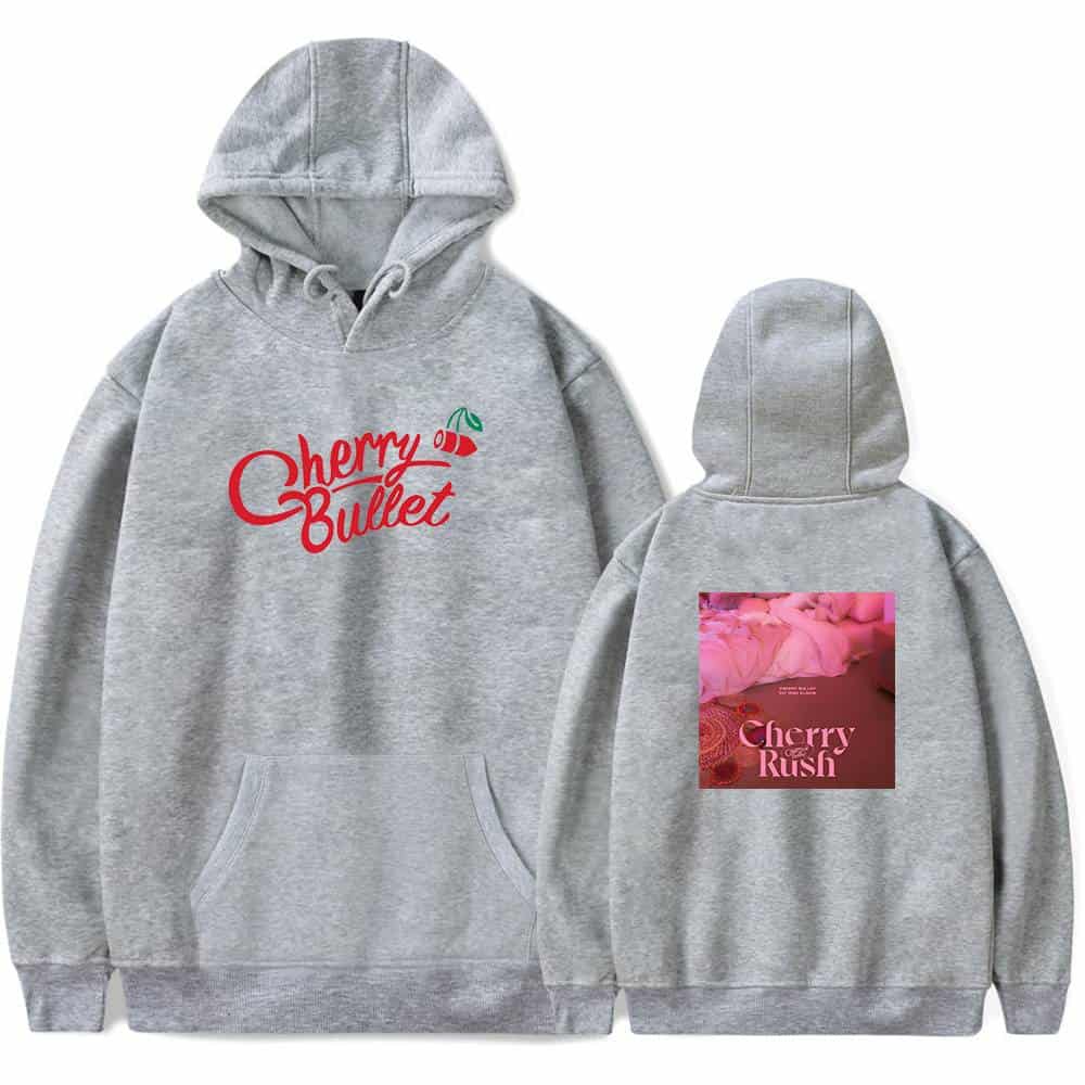 Cherry Bullet hoodie with front logo and back art design, made of soft grey fabric, perfect for fans, casual wear, and showcasing band merchandise.