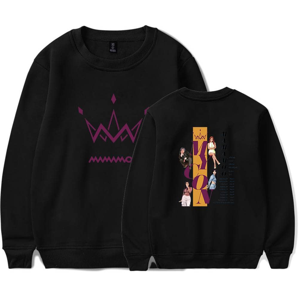 Crown graphic design and images of four women on black sweatshirt for K-POP merch.
