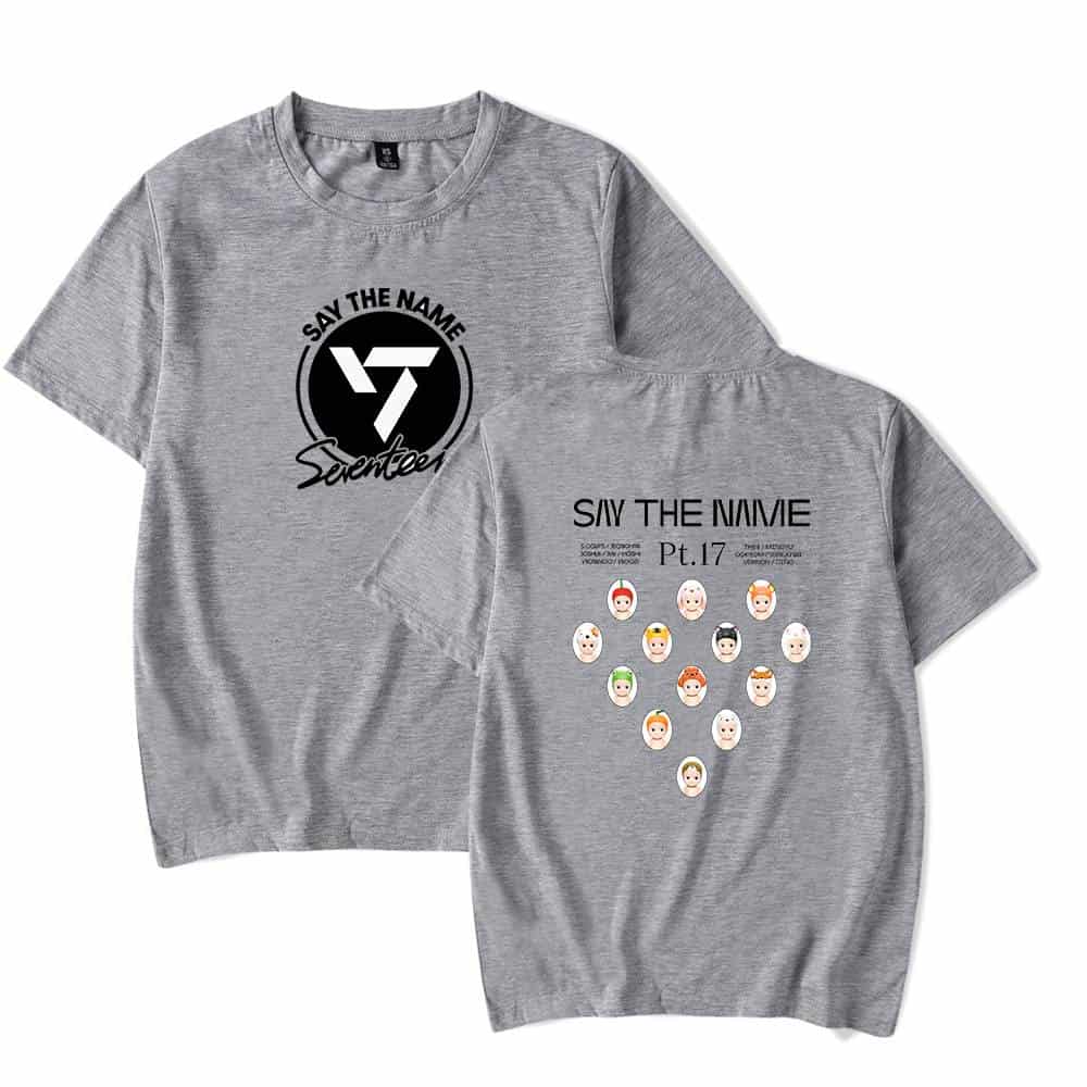 Say the Name Seventeen T-shirt merchandise with cartoon character faces on the back and the group's logo on the front.