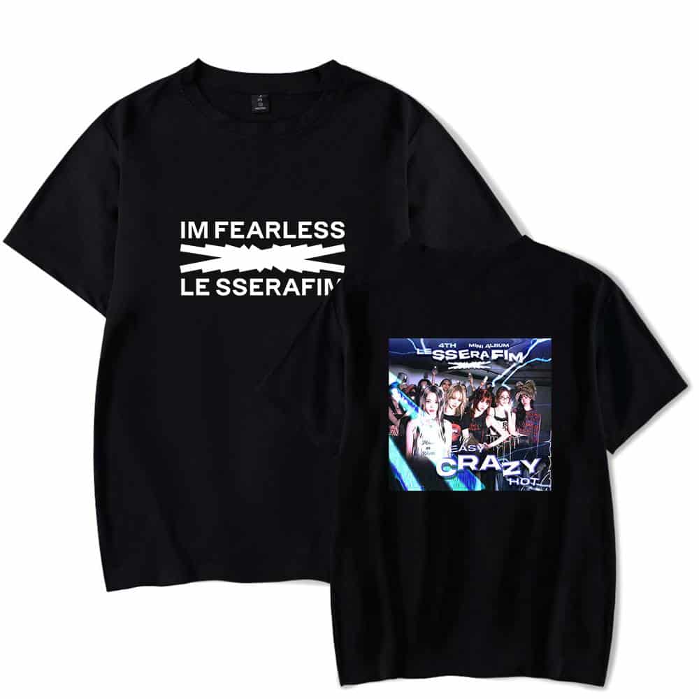IM FEARLESS LESS SERAFIM t-shirt with graphic print of the K-pop girl group, black color, casual streetwear merch.