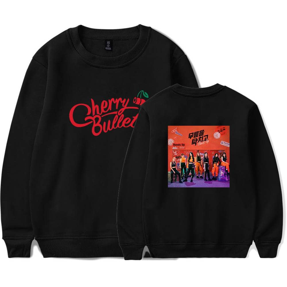 Cherry Bullet Black Sweatshirt with Logo and Group Photo Print, Casual Wear for Fans.