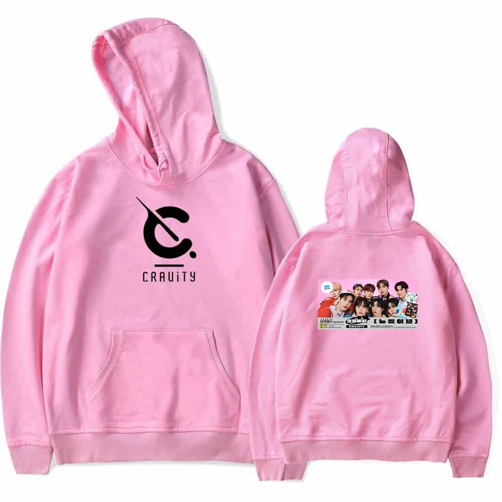 Cratey merch hoodie with front logo and back group photo in pink color, perfect for fans and casual wear. made of soft fabric for comfort and style, featuring a spacious pocket and adjustable hood.