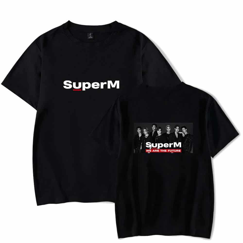 SuperM black graphic t-shirt with band photo and bold logo design.
